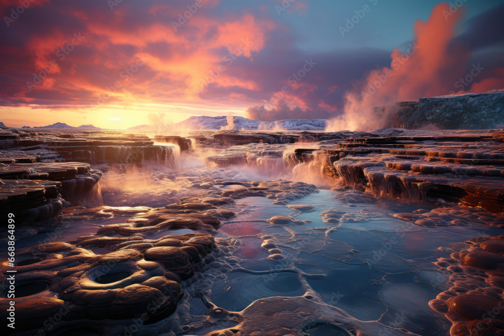 Looking like Geysir Strokkur errupting in the early morning at sunrise, Iceland in winter. Generative Ai.