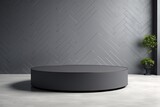 round pedestal on table with dark gray back wall in herringbone tiles. minimalistic design to showcase fashion product