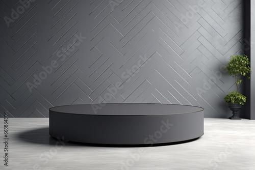 round pedestal on table with dark gray back wall in herringbone tiles. minimalistic design to showcase fashion product photo