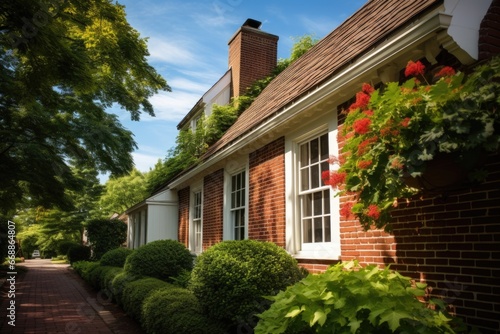 brick dutch colonials flared eave surrounded by foliage