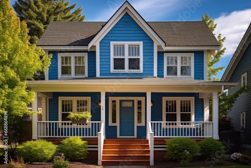 a two-story dutch colonial house, blue flared eave standing distinct