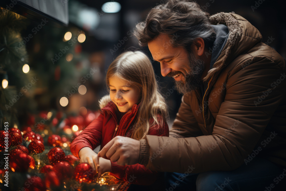 Father and daughter decorate a Christmas tree. Generative Ai. Father and daughter decorate a Christmas tree. Generative Ai.