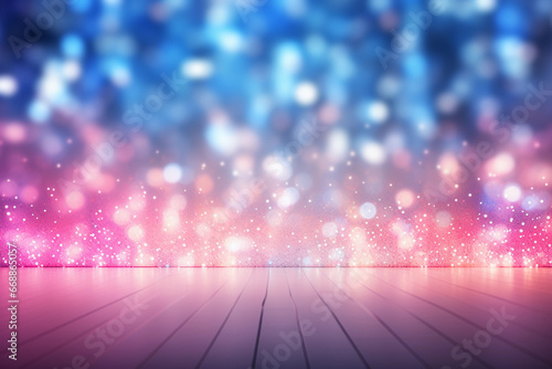 Empty wooden floor with defocused blue and pink bokeh lights background. Template for product display. Dreamy background with copy space.
