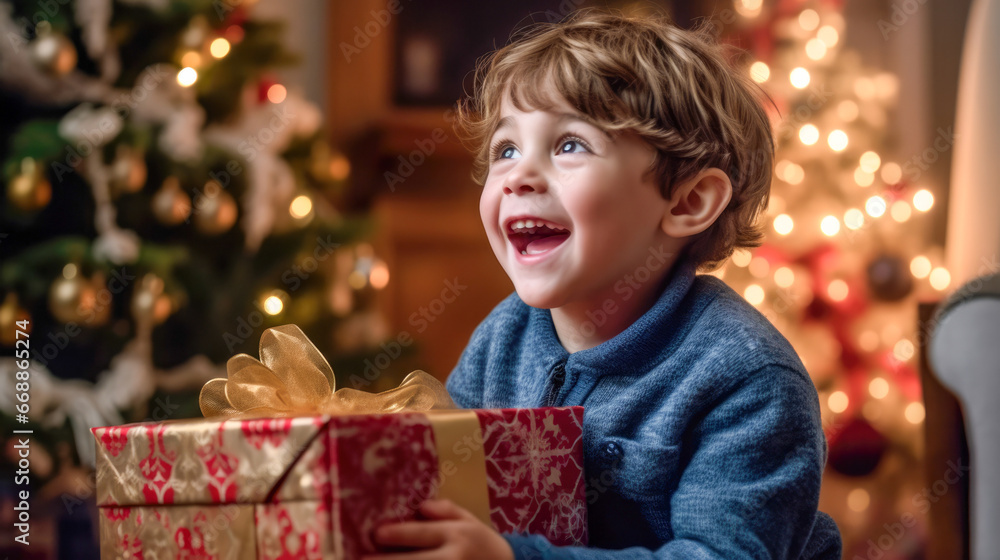 Child's joyful expression as he receives a surprise gift at christmas. Child's joyful expression as he receives a surprise gift at christmas.