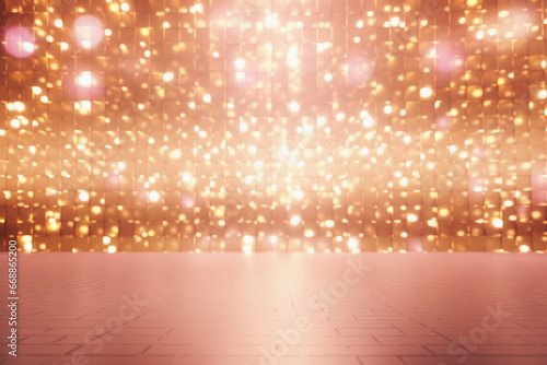 Empty floor with blurred gold bokeh lights background. Template for product display. Dreamy Christmas background with copy space. © Iryna