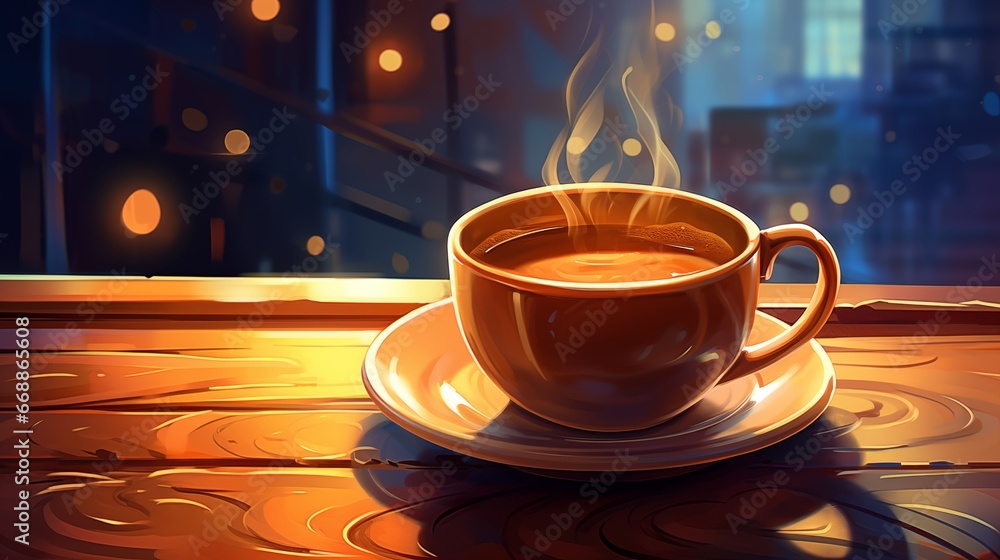 Freshly brewed coffee in a ceramic mug. Fantasy concept , Illustration painting. - obrazy, fototapety, plakaty 