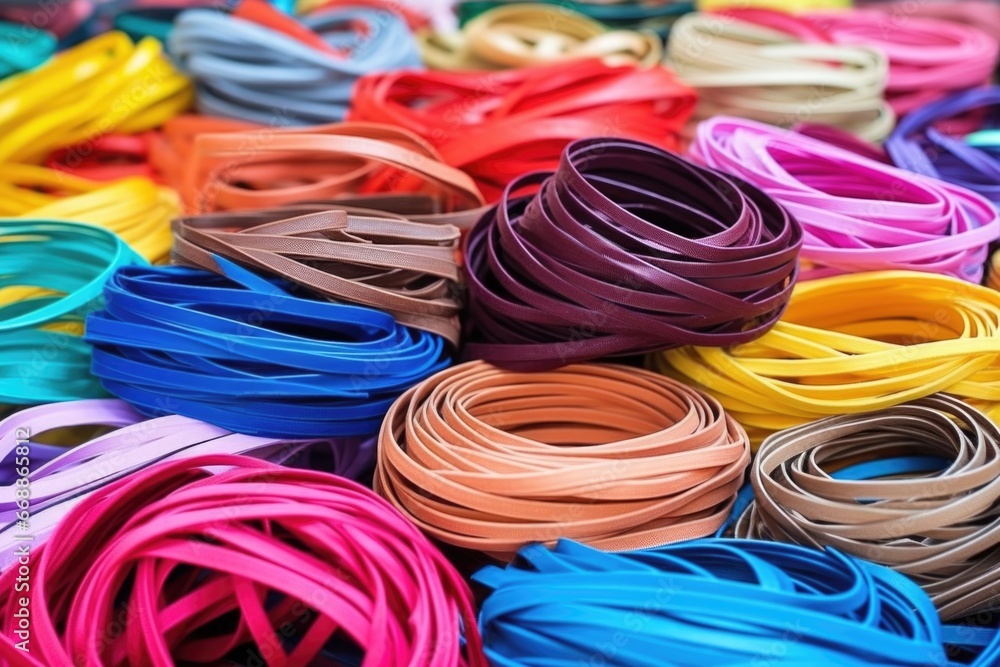 piles of newly produced multicolored elastic bands