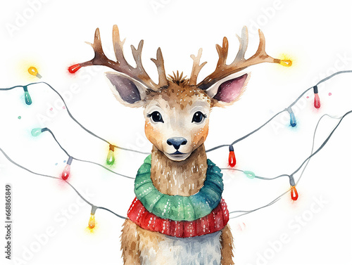 Watercolor illustration of cute funny colored reindeer with lamps garland on white