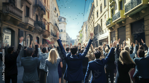 Wallpaper Mural Large group of business people celebrating good news with their fists up in the air in the street back view Torontodigital.ca