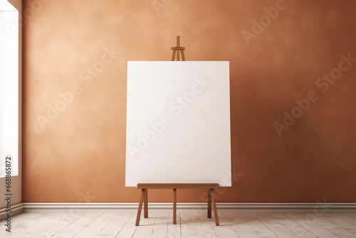 An easel with a blank white canvas stands in an empty minimalist room with textured brown wall. Background for mockups.