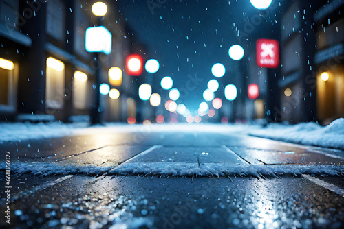 Street at night partly snowed the ground frontal frog view depth of field generative ai
