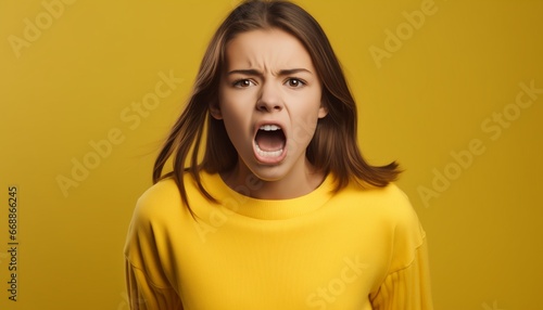 Teenager im gelben Pullover schreit wütend photo
