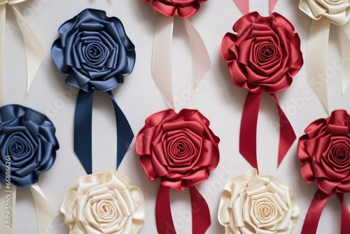 ribbon rosettes against a plain, neutral backdrop photo