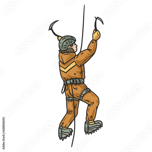 Person climbing ice wall in winter sports gear. Thrilling ice climbing adventure with determined climber scaling frozen wall