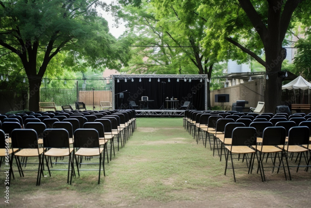 rows of empty chairs set up outdoors for a performance