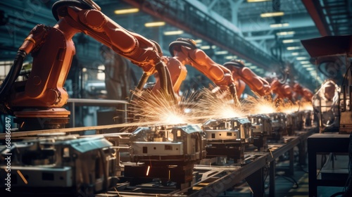 industry of industrial welding robots in production line manufacturer factories. photo
