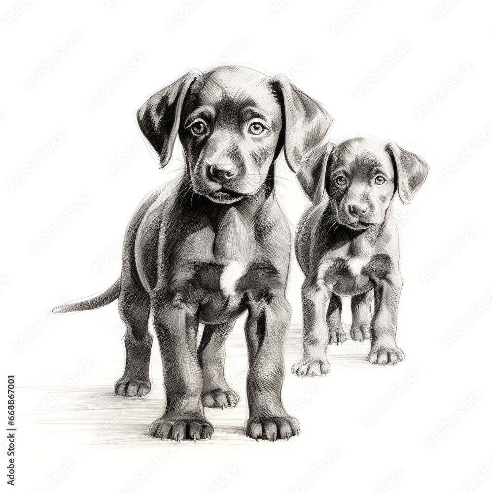 Fototapeta premium Two Cute Puppies in Black and White Graphic Isolated on White Background