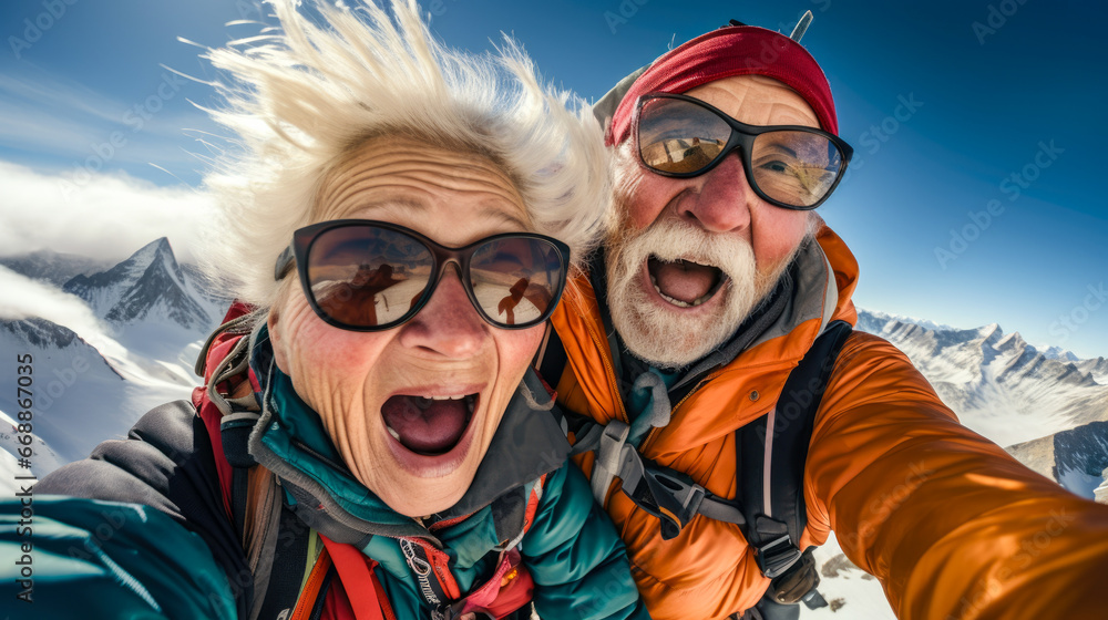 Selfie of grandpa and grandma as climber from the top of Mount Everest. Selfie of grandpa and grandma as climber from the top of Mount Everest.