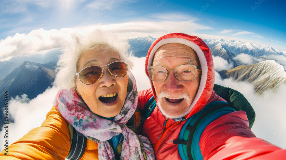 Selfie of grandpa and grandma as climber from the top of Mount Everest. Selfie of grandpa and grandma as climber from the top of Mount Everest.