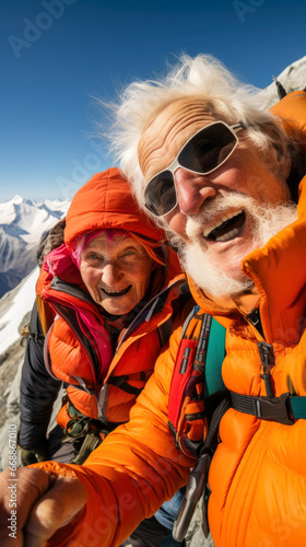 Selfie of grandpa and grandma as climber from the top of Mount Everest.