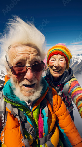 Selfie of grandpa and grandma as climber from the top of Mount Everest.