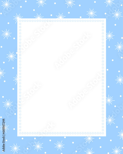 Bullet journal blank printable page, winter holidays card template cover design decorated with outline image stars and snowflakes, rectangular frame for Christmas, New Year invitations, cards