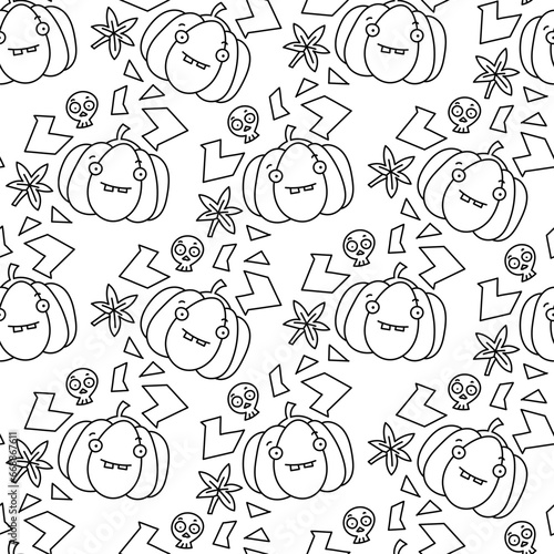 Vector pattern of pumpkin skull leaves and graphic elements on white background © Iulianna