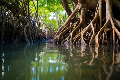 mangrove forest roots intertwining over water photo