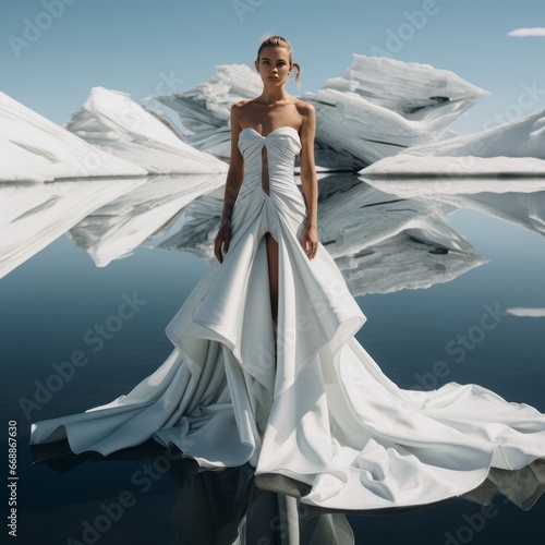 An editorial photoshoot in the icy Arctic region captures a supermodel in a high-fashion, symmetrical portrait wearing an elegant, flowing modern wedding dress.