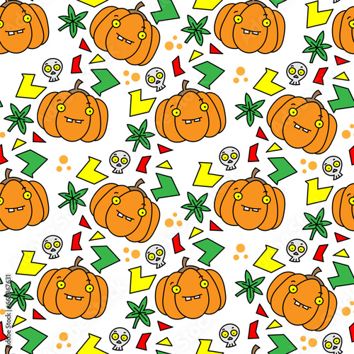 Colorful vector pattern of pumpkin skull leaves and graphic elements on white background © Iulianna
