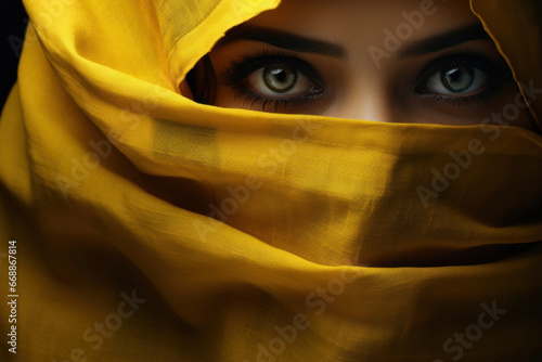 Portrait of a girl in a yellow cotton scarf. Extreme close-up of beautiful female eyes photo