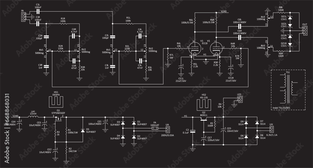 Schematic diagram of electronic device.
Vector drawing electrical circuit with capacitor, lamp, diode,
transistor, resistor, transformer, coil
and other electronic components.