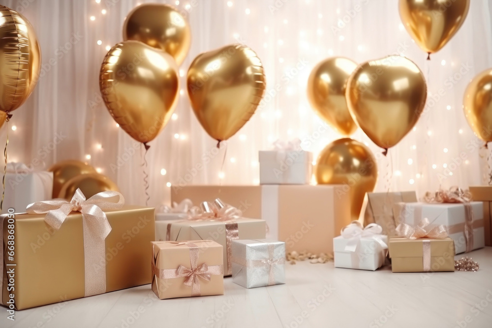 Golden heart-shaped balloons and boxes with gifts on a holiday card Golden heart-shaped balloons and boxes with gifts on a holiday card