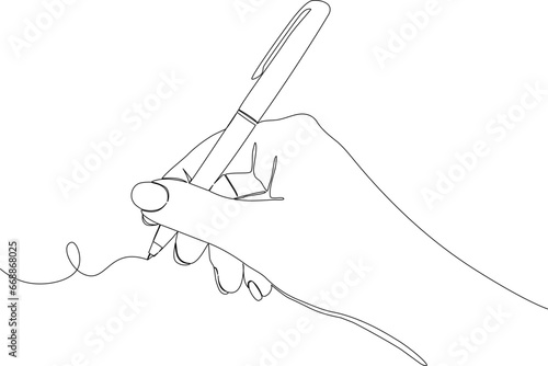Writing continuous line drawing hand with pen line art. One line vector graphic illustration