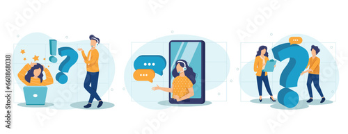 Customer support illustration collection. Characters using online helpdesk platform. People asking a questions and receiving answers from helpdesk or call center operator. Vector illustration.