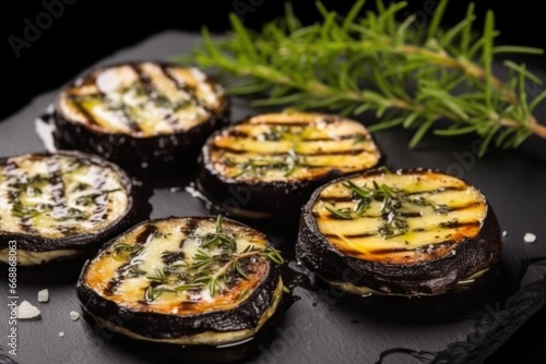 close-up of grilled portobellos with fresh thyme on a black slate photo