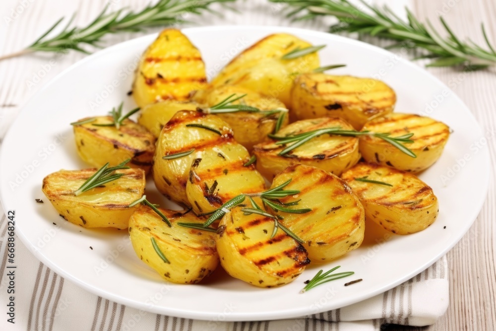 grilled potatoes with rosemary sprigs on a white plate