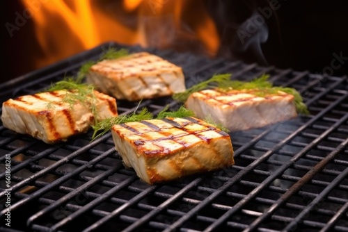 hot tofu steaks on a grill grate with smoky backdrop