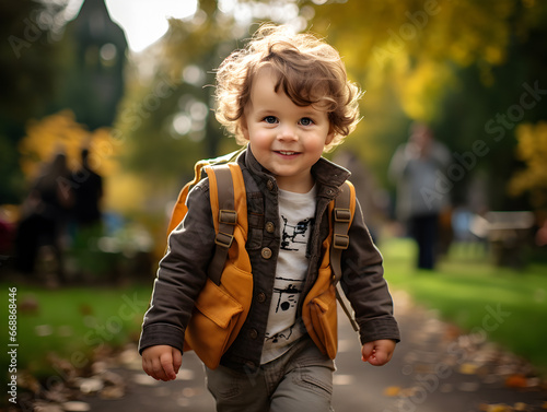 Cute toddler playing in a busy park, happy childhood memories