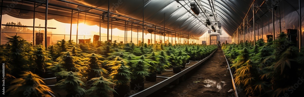 Growing medical cannabis on an industrial scale. Marijuana in a greenhouse and under the sun's rays. Concept: Legalization and licensing of drugs
