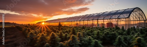 Growing medical cannabis on an industrial scale. Marijuana in a greenhouse and under the sun's rays. Concept: Legalization and licensing of drugs
 photo