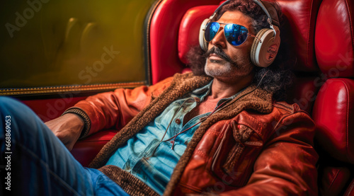 Indian man wearing headphones and a jacket lying on red chair. Indian pop culture. © PixelGallery