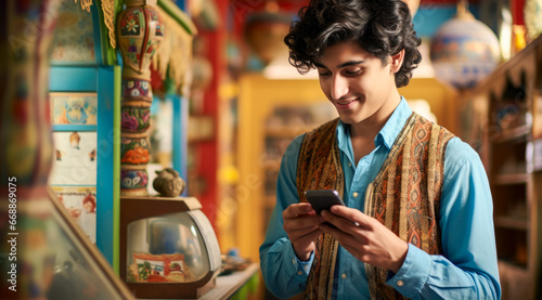 An young indian man looking at a mobile phone in a store.
