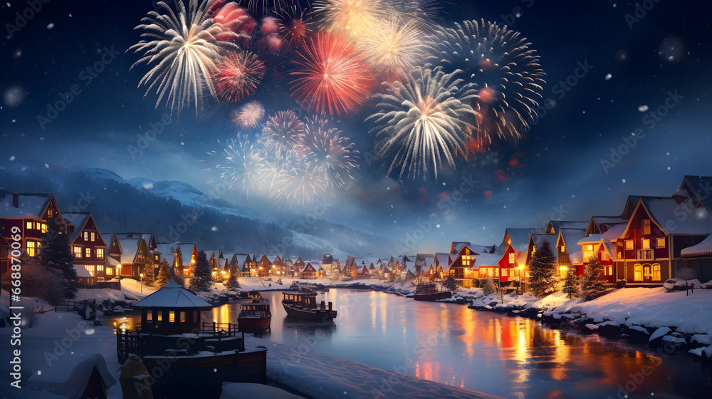 Christmas fireworks over snowy village, new year's eve celebration - obrazy, fototapety, plakaty 