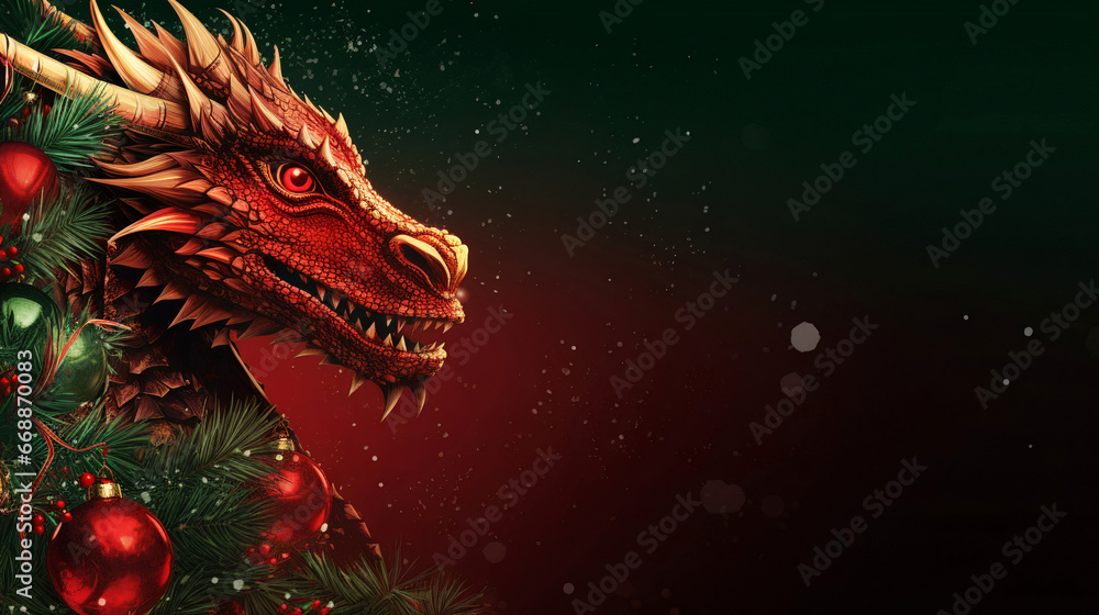 Dragon head in Christmas tree and balls on festive red-green background. 2024 New Year.