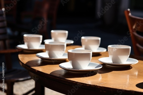 empty coffee cups on a bistro table