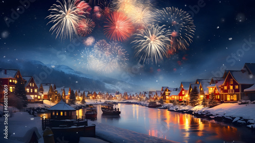 Christmas fireworks over snowy village, new year's eve celebration photo