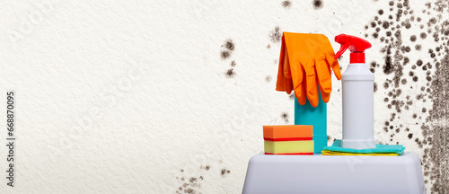 Accessories for cleaning from stains of poisonous bacteria mold and fungus on the background of a moldy wall with copy space for text. Rubber protective gloves, anti-mold spray and sponge