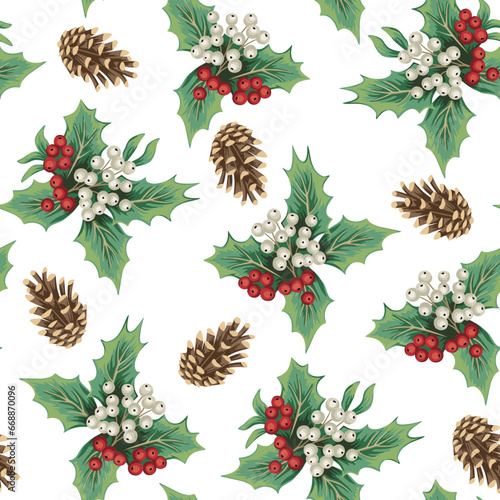 Christmas mistletoe and cone seamless pattern. Winter wallpaper.