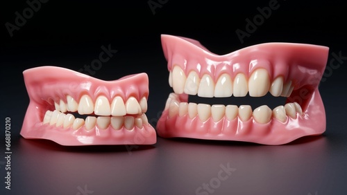 Dentures set. Closeup of dental prosthesis. Model of human teeth and dentures prosthetic 3D Illustration. Front view of complete and partial removable denture. False teeth.